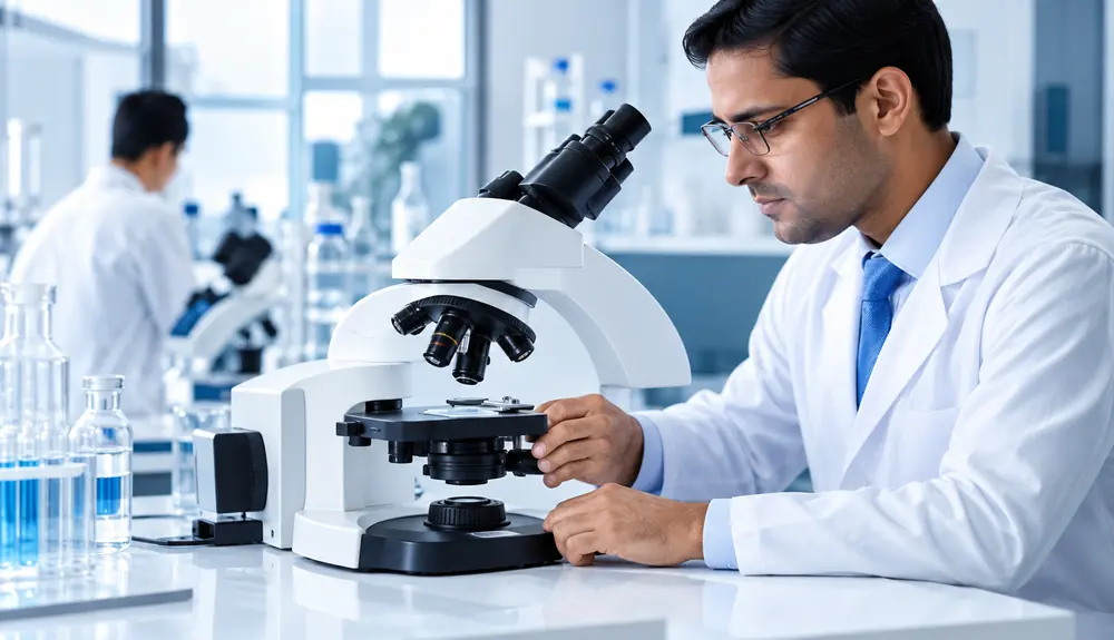 Researcher using a microscope